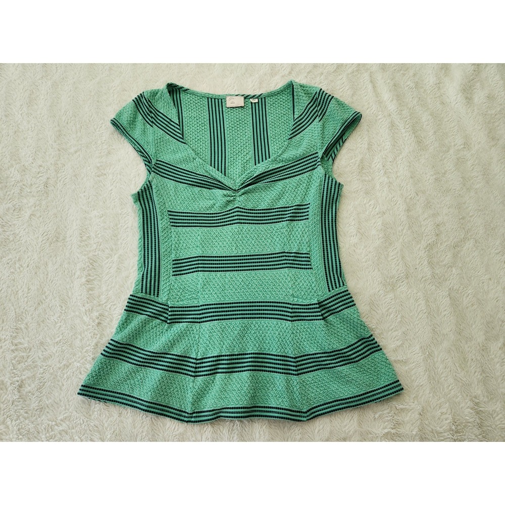 Postcard Anthropologie Green Black Textured Peplum Top Women's Size Medium M